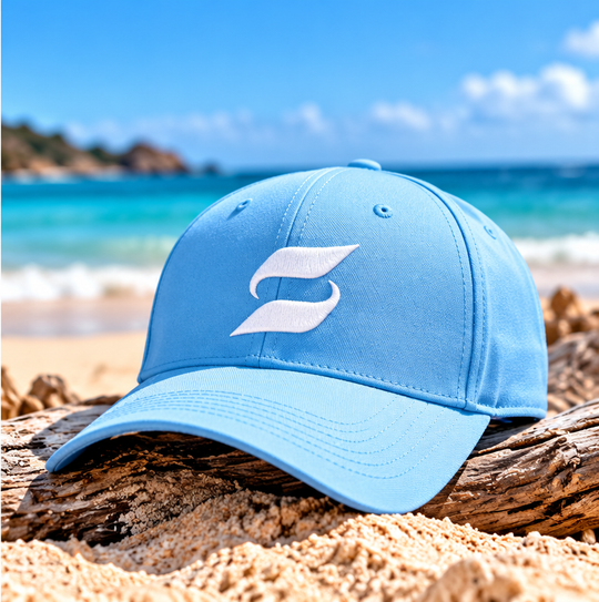 Surf Vision light blue cap on beach – styled promotional image